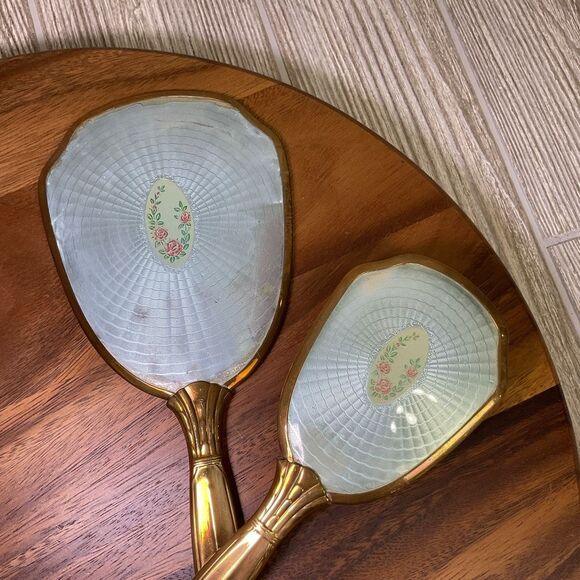 Lot of 2 Vanity Dresser Sets Matching Hand Mirror and Hair Brush Vintage 1950s B - Picture 5 of 10